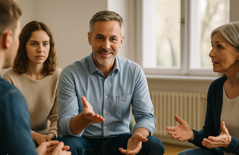 Quatre personnes en discussion sur les risques psychosociaux RPS, un homme souriant s'adresse aux autres.