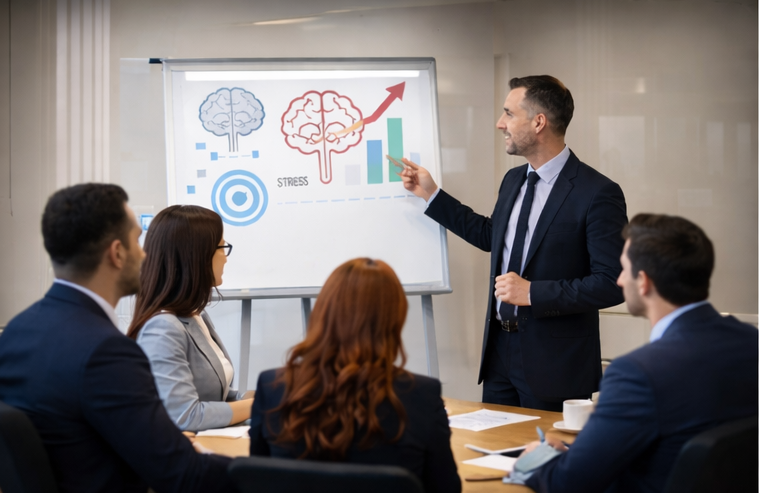 Homme en costume présente des graphiques lors d'une formation sur la santé mentale.