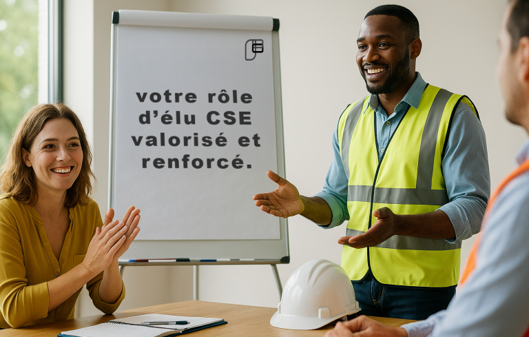 Un homme en gilet fluorescent présente des informations à une femme qui applaudit.