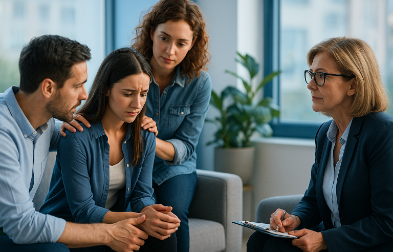 Un groupe de personnes en discussion, avec un soutien émotionnel à une femme en détresse ayant subit du harcèlement moral