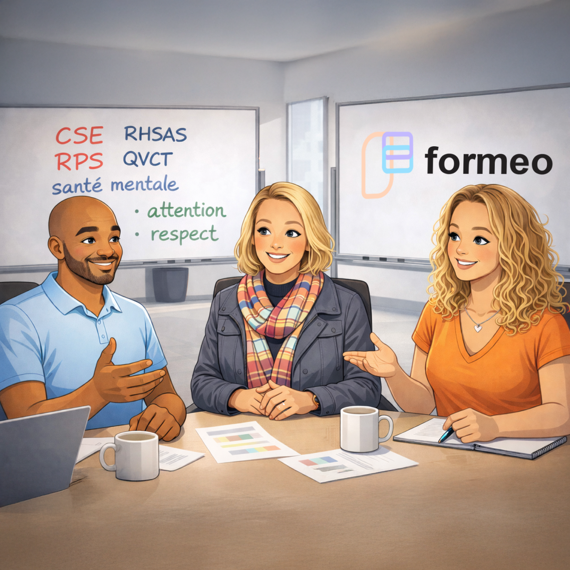 équipe formeo Trois personnes discutent autour d'une table, de la mise en place des prochaines formations Formeo en arrière-plan.