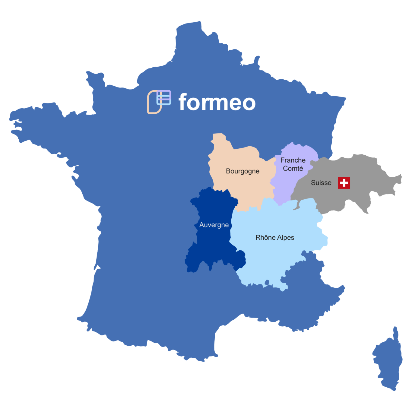 Carte de France mettant en évidence les régions avec le logo de Formeo.