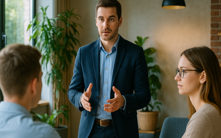 Un homme en costume parle à deux personnes lors d'une réunion professionnelle.