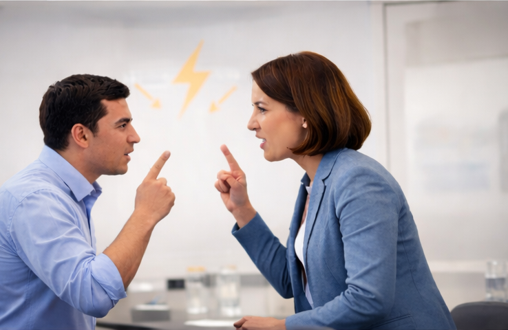 Deux personnes en désaccord, se pointant du doigt avec tension dans un bureau. Le conflit n'est pas loin