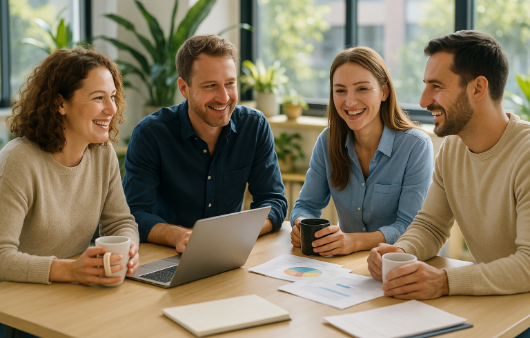 Quatre personnes souriantes discutent autour d'une table avec des ordi et des boissons ils étudient les solutions pour améliorer la QVCT