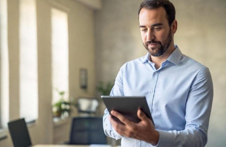 Homme tenant une tablette dans un bureau lumineux et moderne en train de réaliser le DUERP il est le RS&ST 