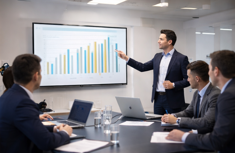 Présentation d'un graphique croissant lors d'une formation économique pour les élus du CSE. Quatre personnes écoutent.